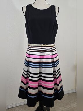 Eliza J Striped Pleated Sleeveless Fit & Flare Dress Shower Party Classic, 12